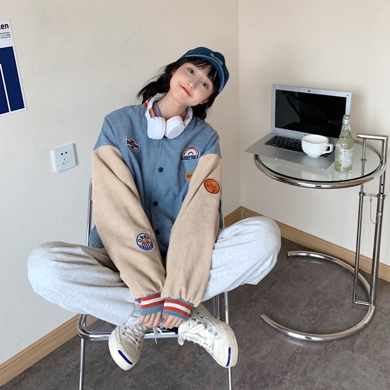 SUXI Áo khoác nhung kẻ tay dài dáng rộng thêu hoạ tiết thời trang mùa thu phong cách hàn quốc cho nữ