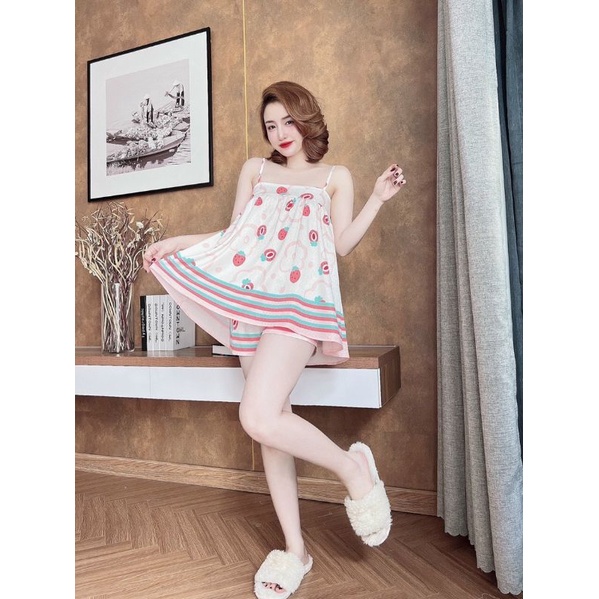 Bộ lụa xước dây đùi xoè, hoạ tiết siêu cưng