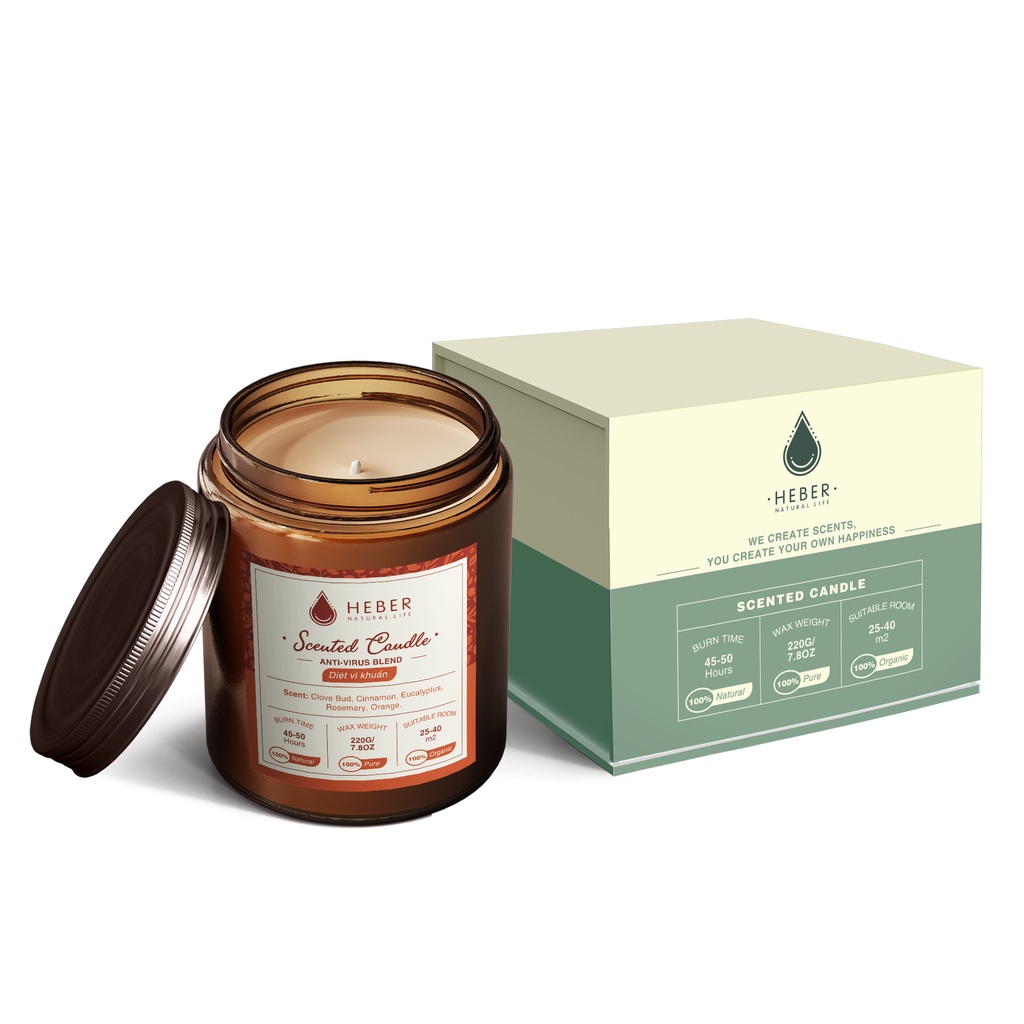 Nến Thơm Diệt Vi Khuẩn- Anti-Virus Scented Candle Heber Natural Life Thiên Nhiên Cao Cấp Thơm Phòng Thư Giãn 100g &amp; 200g
