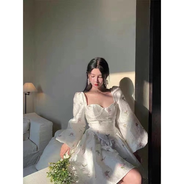 Đầm Tay Phồng Cổ Vuông Phong Cách Retro Pháp Thời Trang Mùa Thu Cho Nữ