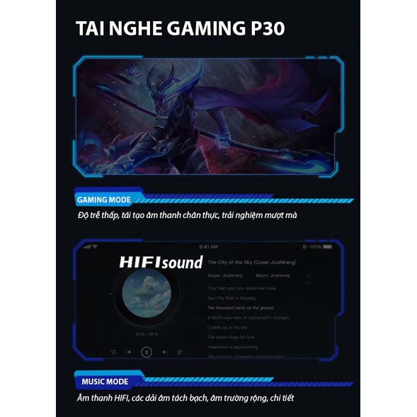 Tai nghe gaming P36 âm thanh HIFI,pin siêu trâu,tích hợp gaming mode giảm độ trễ khi chơi game