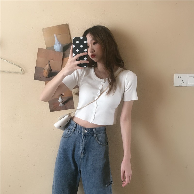 Áo Croptop Tay Ngắn Dáng Ôm khoá cúc, áo thun nữ gân tăm ngắn tay, Croptop Nữ Tay Ngắn phong cách Ulzzang | BigBuy360 - bigbuy360.vn