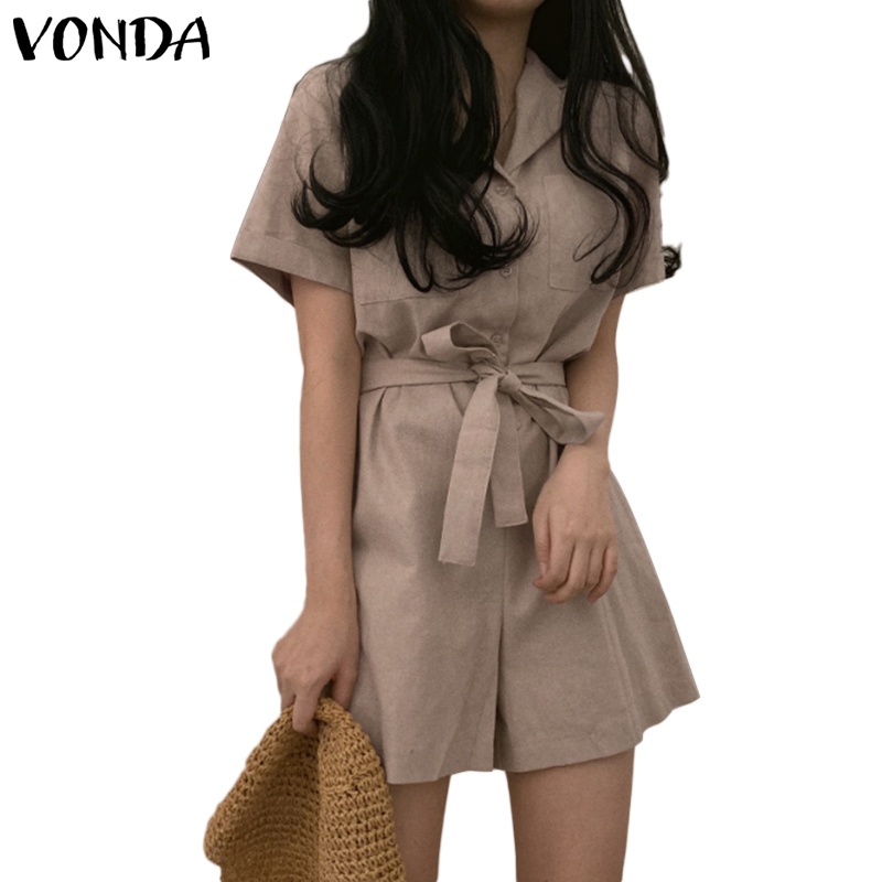 Áo liền quần VONDA ngắn tay màu trơn phối nút phong cách Hàn Quốc dành cho nữ