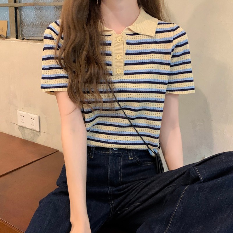 Porozi  Áo thun polo  tay ngắn dáng ôm kẻ sọc kiểu Hàn Quốc dễ thương cho nữ