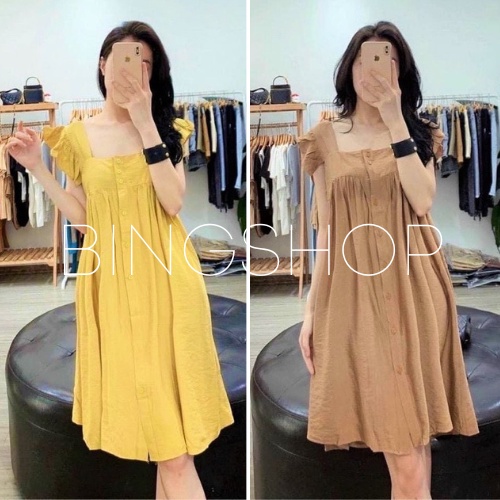 Đầm maxi - váy 2 dây viền bèo Bingshop vải đũi tơ mềm mịn mát form rộng