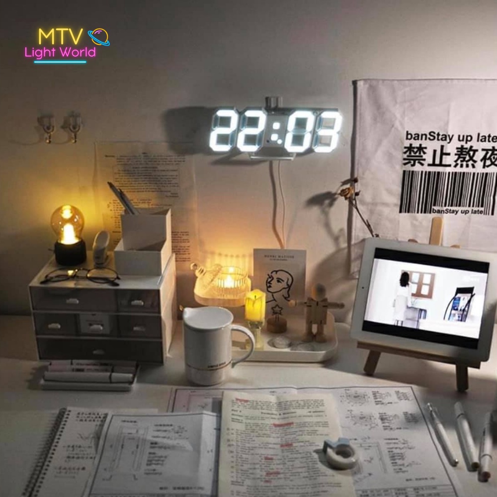 Đồng hồ LED 3D để bàn làm việc, treo tường trang trí phong cách Vintage, TN828 hiển thị nhiệt độ, báo thức - MTV Store