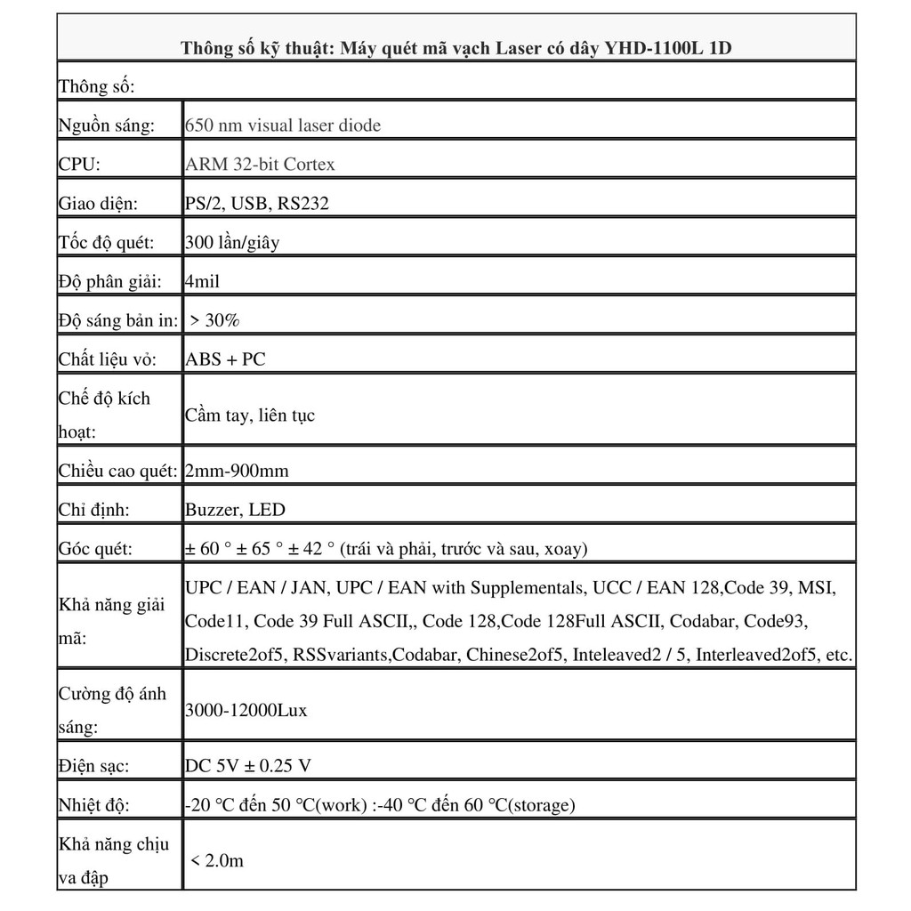 Máy quét mã vạch Barcode - Máy quét mã vạch CCD có dây YHD-1100C 1D dùng trực tiếp trên Laptop, Máy tính bàn