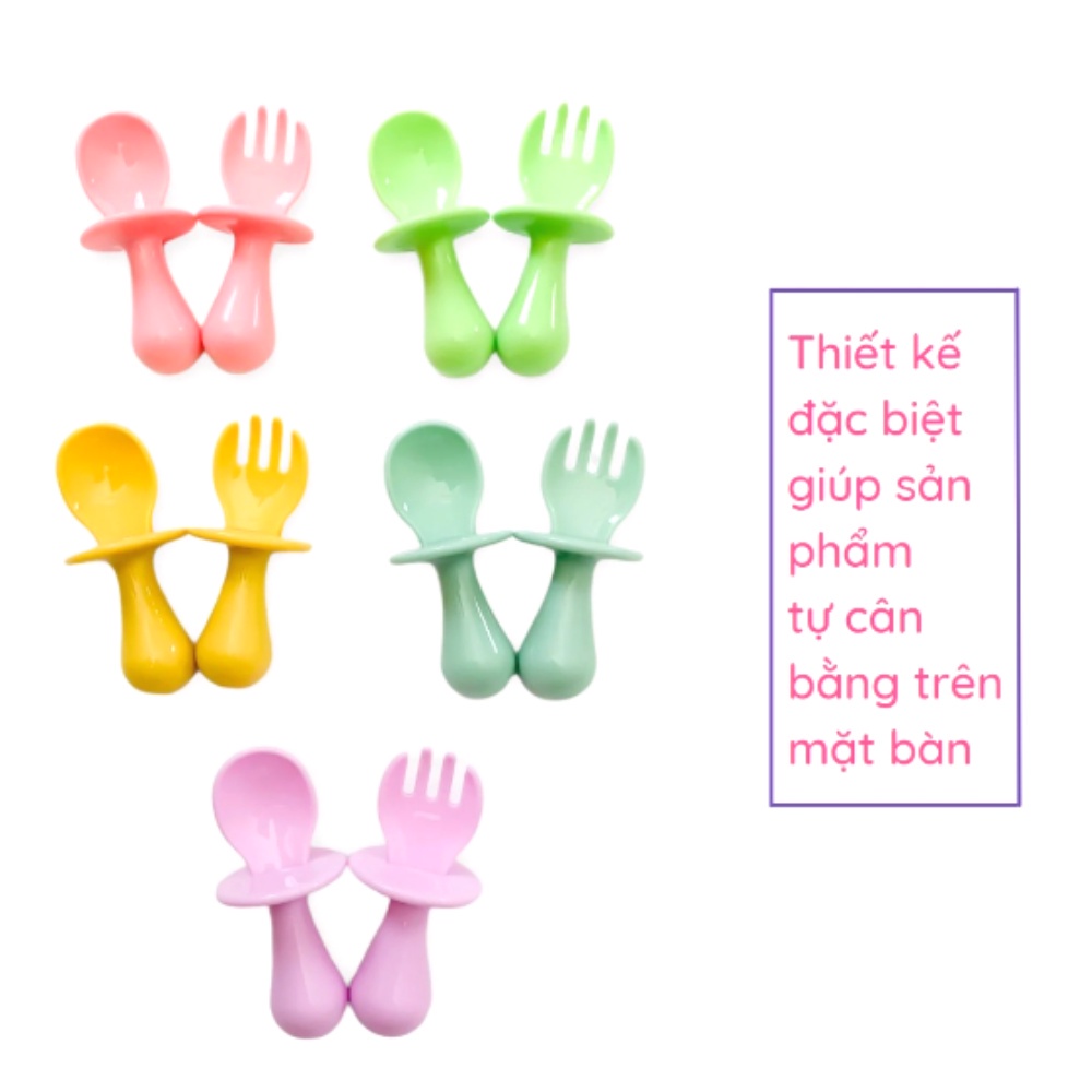 (TẶNG YẾM MÁNG)Thìa dĩa tập xúc cho bé có nút chặn giúp bé tập ăn KÈM HỘP NHỰA, Set thìa dĩa có ngáng chống hóc Thị Nắng