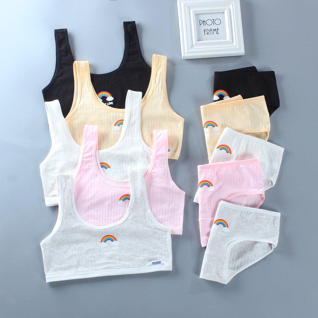 Bộ Áo Lót Hai Dây Và Quần Lót Họa Tiết Cầu Vồng Bằng Vải Cotton Mềm Dành Cho Bé Gái 8-16 Tuổi