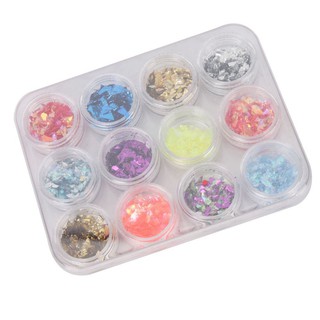 Bộ 12 hộp vỏ lấp lánh trang trí móng tay nghệ thuật bằng acrylic với 12 màu khác nhau