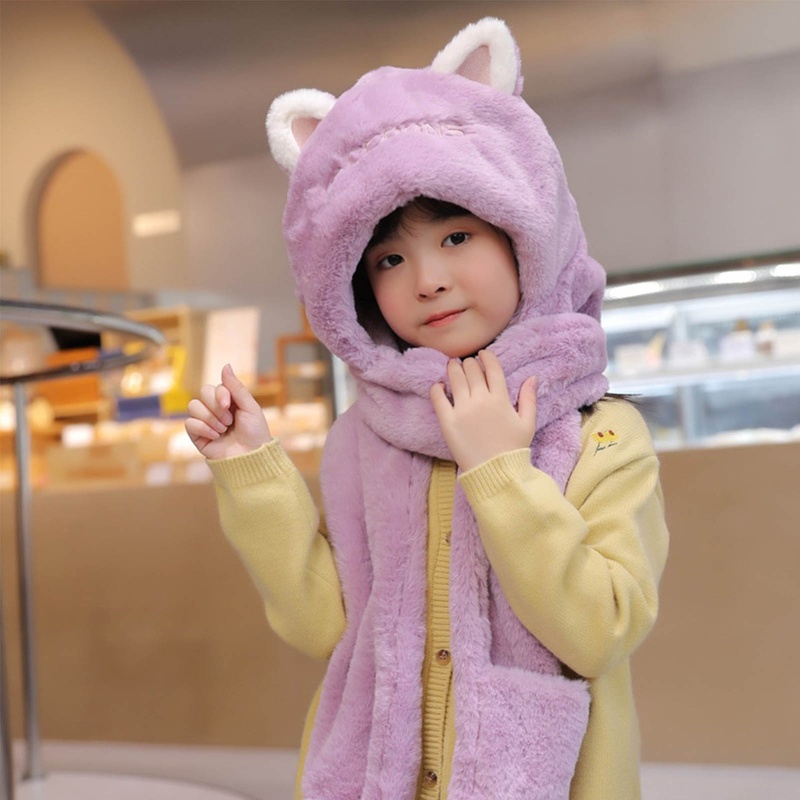 Set Mũ beanie Kèm Khăn Choàng Cổ Giả Cashmere Giữ Ấm Tai Họa Tiết Hoạt Hình Dễ Thương Cho Bé