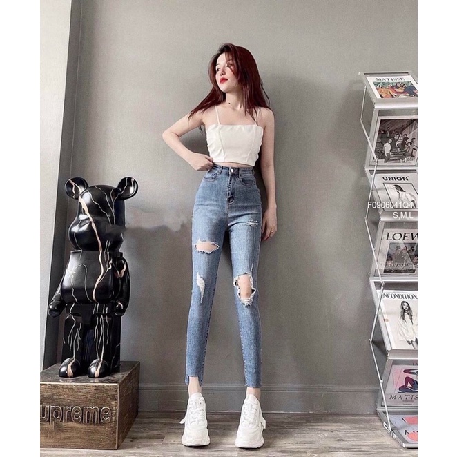 Quần jean dài ôm khoét đùi và gối đáy cao TT0906