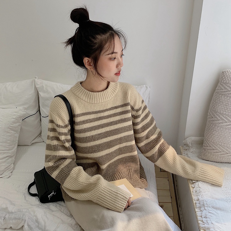 Áo sweater tay dài dáng rộng kẻ sọc phong cách Hàn Quốc trẻ trung
