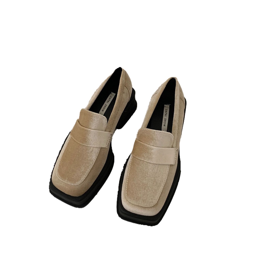 Giày Lười Mary Jane Đế Dày Tăng Chiều Cao Bằng Nhung Màu Vàng Phong Cách Retro Cho Nữ