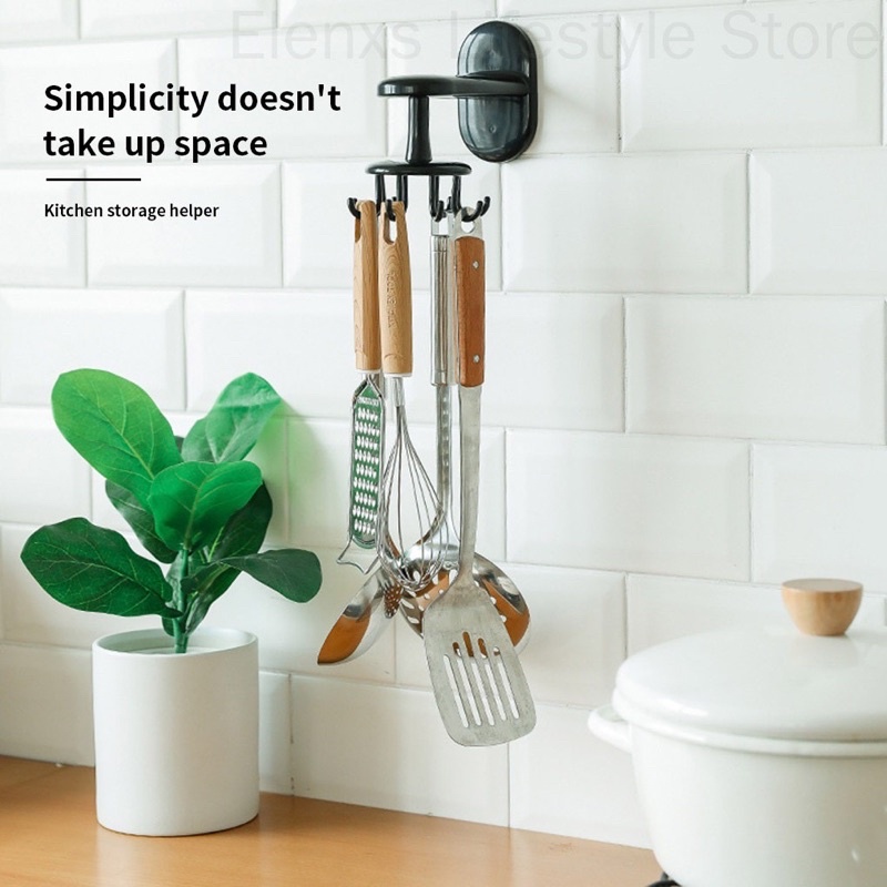 Móc treo đồ dùng nhà bếp, nhà tắm đa năng dán tường gồm 8 MÓC xoay 360 độ LOẠI DÀY XỊN- Móc dán tường nhà bếp 8 móc xoay