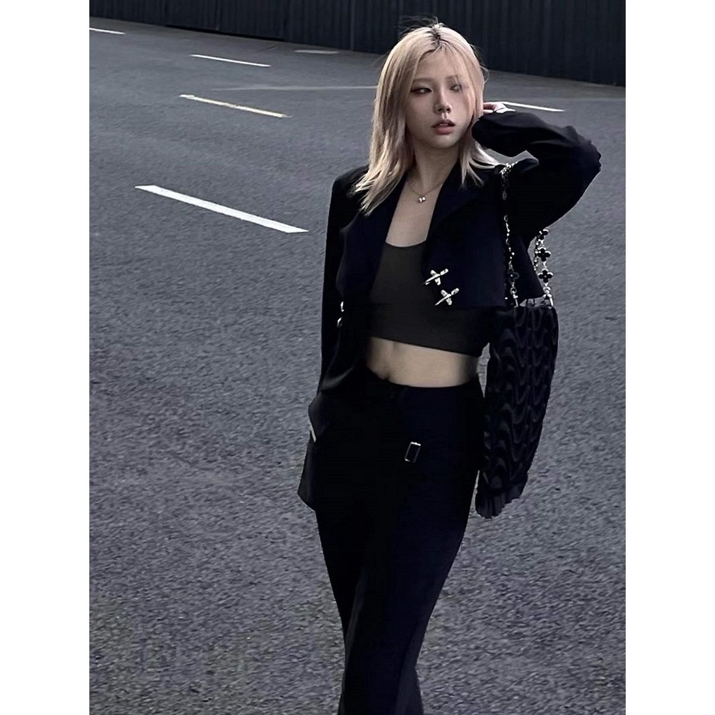 Hot!F &amp; X Bán Chạy Áo Khoác Vest Ngắn Vai Có Nút Cài Kim Loại Thiết Kế Kiểu Bất Đối Xứng Thời Trang 2022 Dễ Phối Đồ Cho Nữ