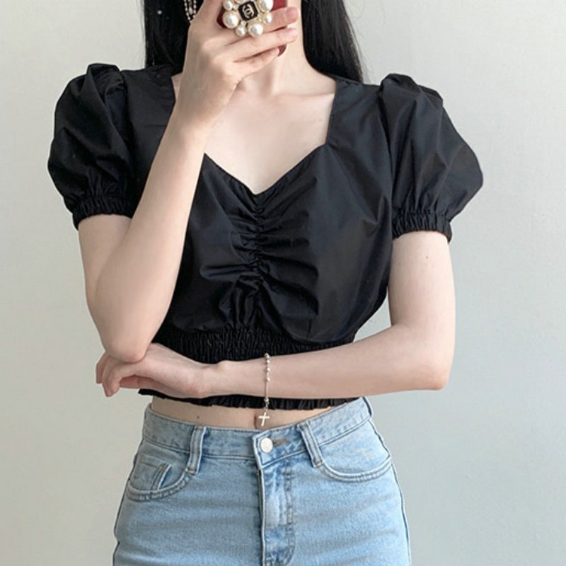 Crop Top Tay Phồng Dây Rút Phong Cách Hàn Quốc