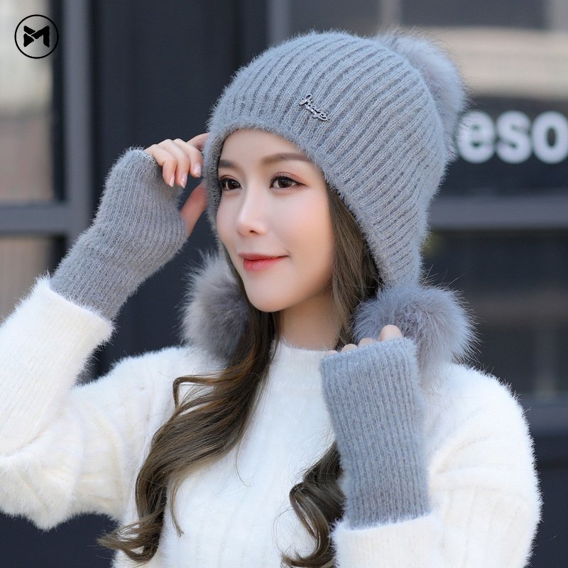 Set Mũ Len Kèm Găng Tay Giữ Ấm Mùa Đông Thời Trang Dành Cho Nữ