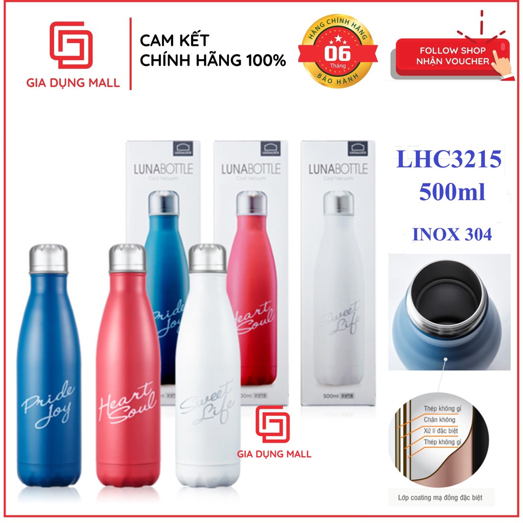 Bình Giữ Nhiệt 500ml Lock&amp;Lock Luna Bottle LHC3215 Chính hãng. Chất liệu thép không gỉ 304 hợp vệ sinh.Thiết kế cao cấp.