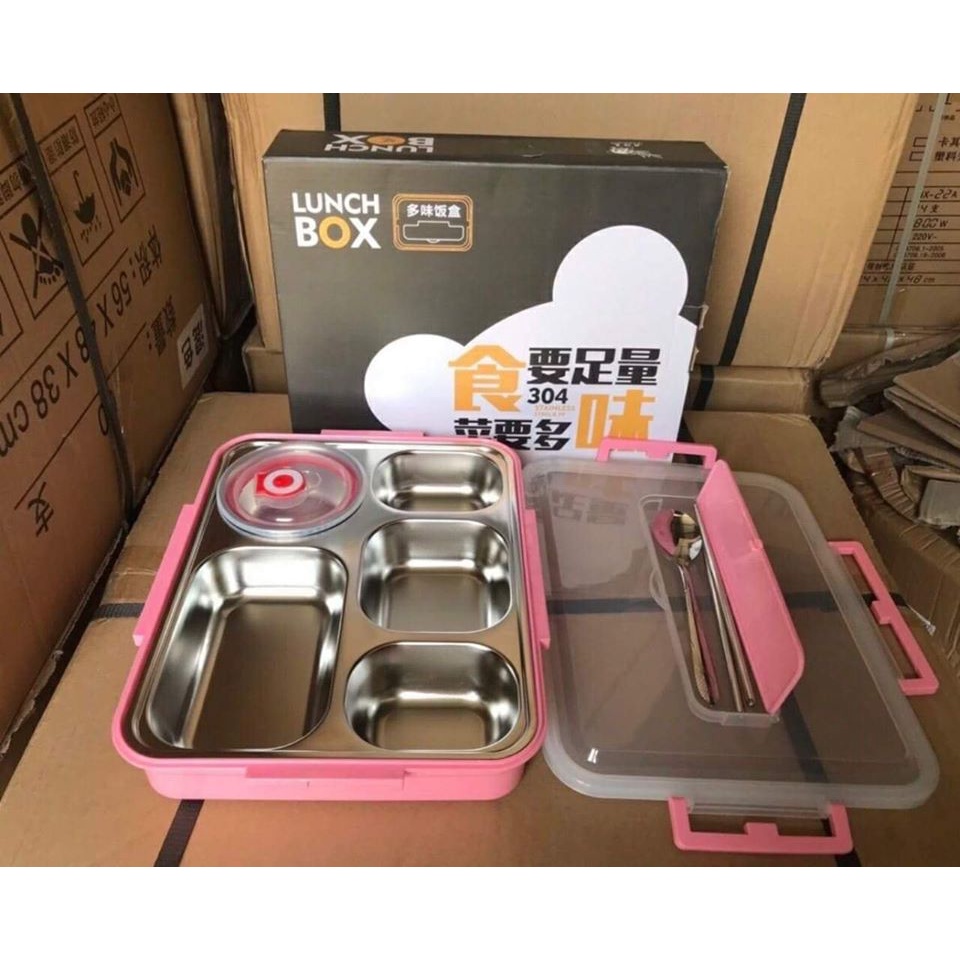 Hộp đựng cơm văn phòng 5 ngăn inox 304 giữ nhiệt có quai xách ( kèm thìa + đũa), có giá đỡ điện thoại đi kèm.
