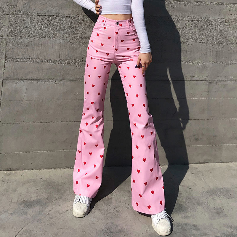 Quần Jean Ống Rộng Lưng Cao In Họa Tiết Trái Tim Xinh Xắn Theo Phong Cách Châu Âu | BigBuy360 - bigbuy360.vn