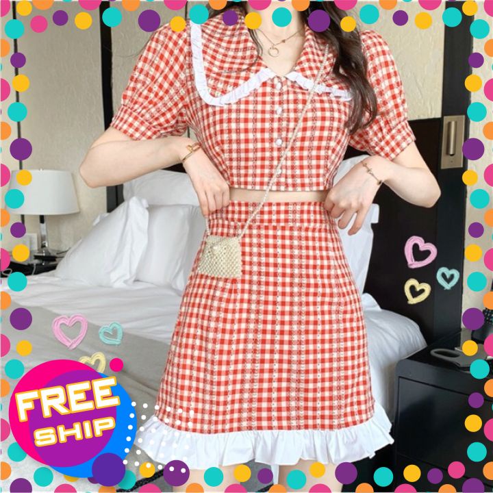 SET Áo Váy Caro Sọc Đỏ Cổ Bèo Nhún Váy Xinh