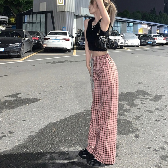 Quần dài SUXI lưng cao ống rộng họa tiết sọc caro thời trang mùa hè cho nữ