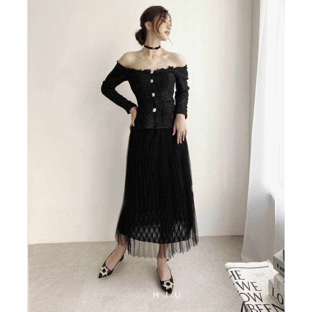 Chân váy midi Ami skirt black H.I.U ROOM xếp ly voan ánh kim 2 lớp, HIU desgin 2021 | BigBuy360 - bigbuy360.vn