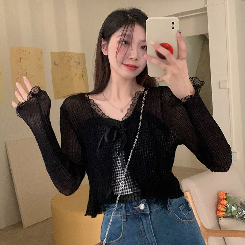 Áo Croptop Tay Dài Thiết Kế Cột Dây Phong Cách Hàn Quốc Cho Nữ