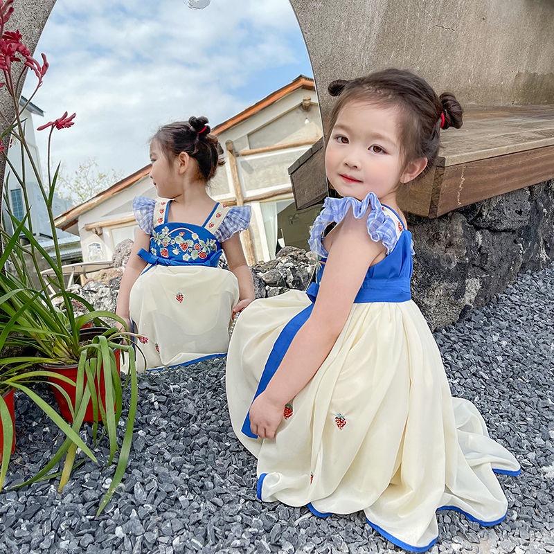 Đầm Hán Phục Tay Ngắn Thêu Họa Tiết Phong Cách Trung Hoa Cho Bé Gái