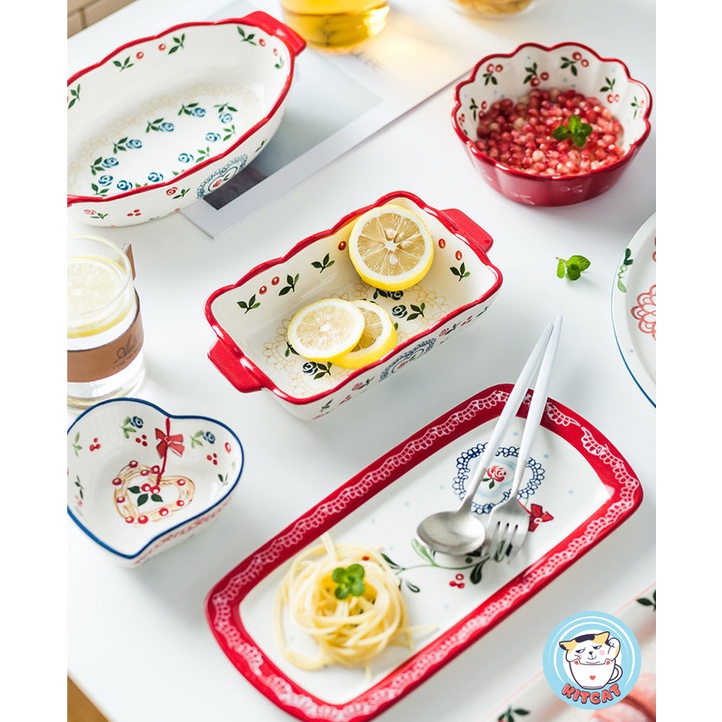Thố sứ Cherry oval, khay nướng, khay đựng salad sứ tay cầm dùng đc lò nướng decor vẽ tay thủ công cao cấp KITCAT STORE