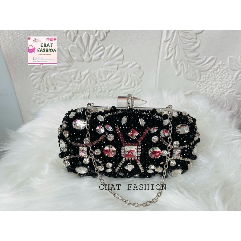 Bóp dự tiệc khóa then đính hạt cườm mix đá sáng trẻ trung