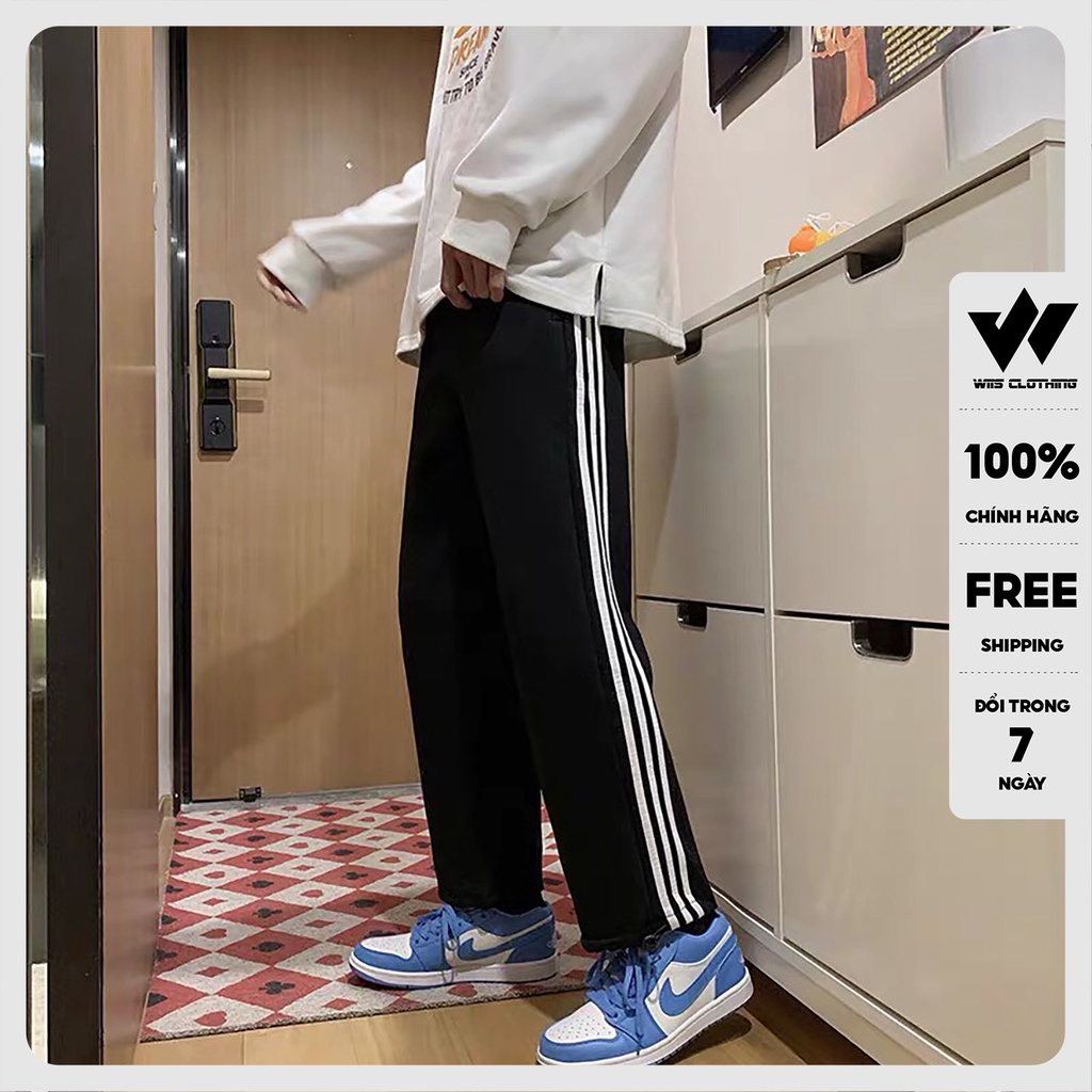 Quần jogger ống rộng unisex WIIS Bó Chun dây rút basic 3 Sọc nam nữ oversize ullzang