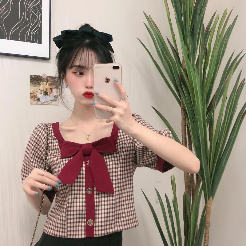 AMOI Áo Sơ Mi Ngắn Cổ Vuông Hở Vai Họa Tiết Sọc Caro Phong Cách Pháp Thời Trang 2022 Cho Nữ
