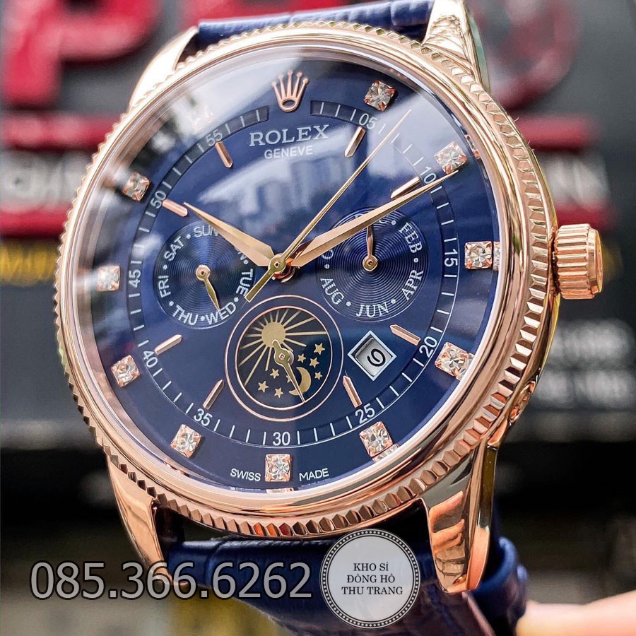 Đồng hồ nam Rolex máy Nhật mẫu 6 kim cơ Automatic xanh viền vàng dây da size 40-41mm