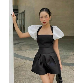 Set áo tay phối cúp ngực trắng đen