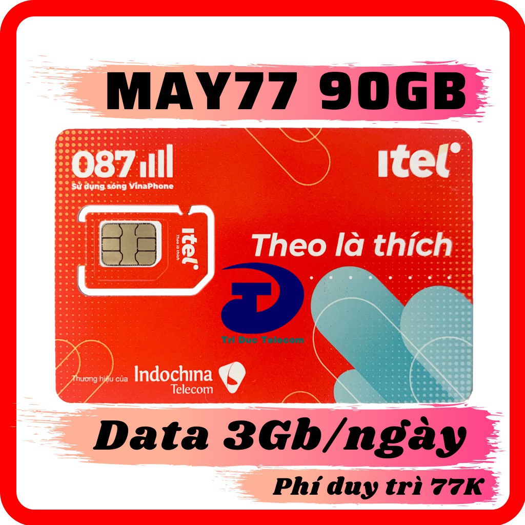Sim 4G iTel-Vinaphone Gói May - Chỉ 77k Data 3Gb/ngày (90Gb/Tháng) - 4G tốc độ cao Toàn Quốc- Gọi Miễn Phí - Free 60 SMS