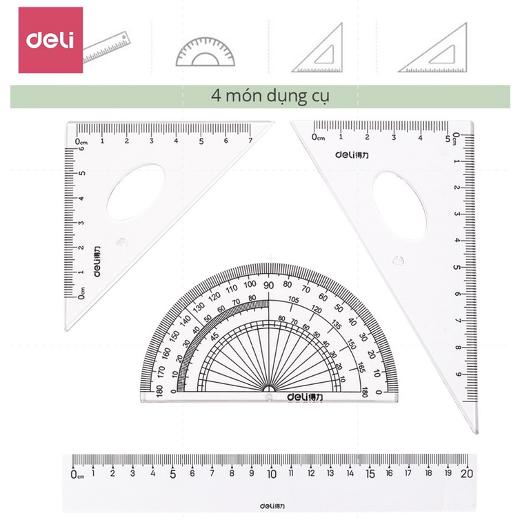 Bộ thước kẻ 4 món đo độ, eke học sinh Deli - dụng cụ học tập đầy đủ - 79529