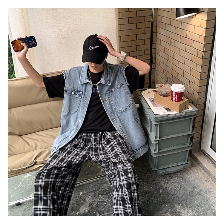 Áo jean gile nam form rộng, áo ghi lê nam kiểu vest jean dáng rộng phong cách hiphop 8002