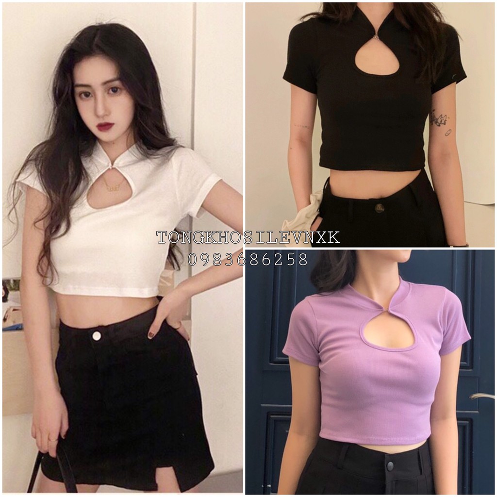 [Mã FAMAYWA giảm 10K đơn 50K] ÁO CROPTOP CỔ GIỌT LỆ ĐEN TRẮNG TÍM - ÁO THUN CROP KHOÉT NGỰC TAY NGẮN