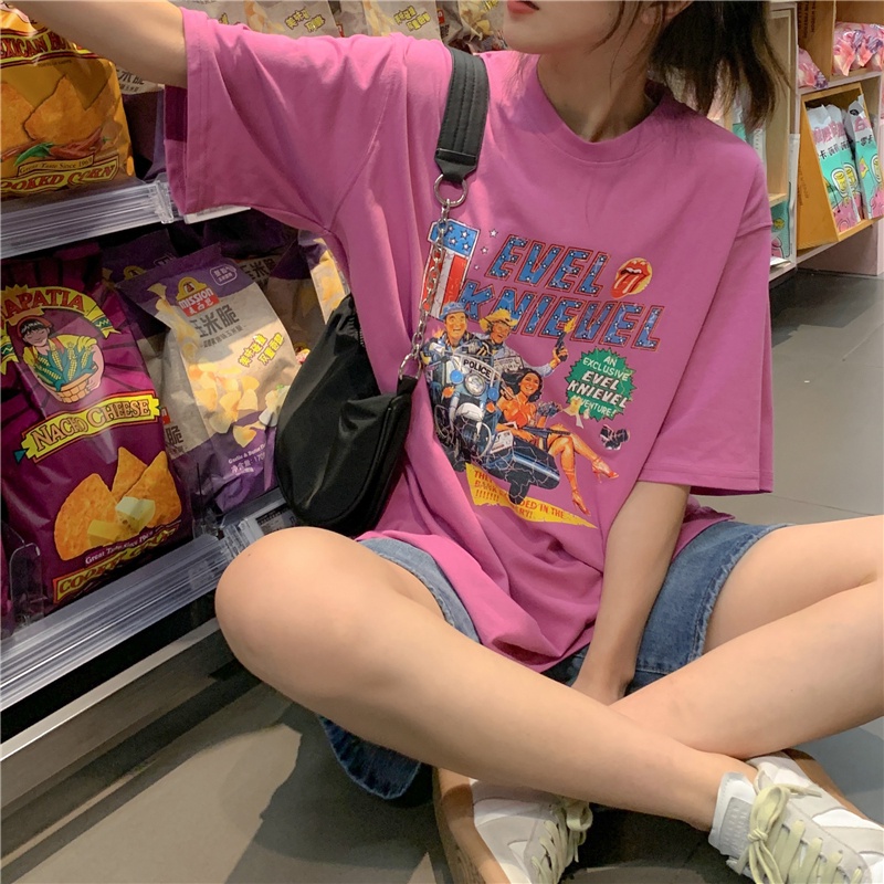 SUXI Áo Thun Tay Ngắn Cổ Tròn Form Rộng In Họa Tiết Hoạt Hình Thời Trang Mùa Hè Cho Nữ