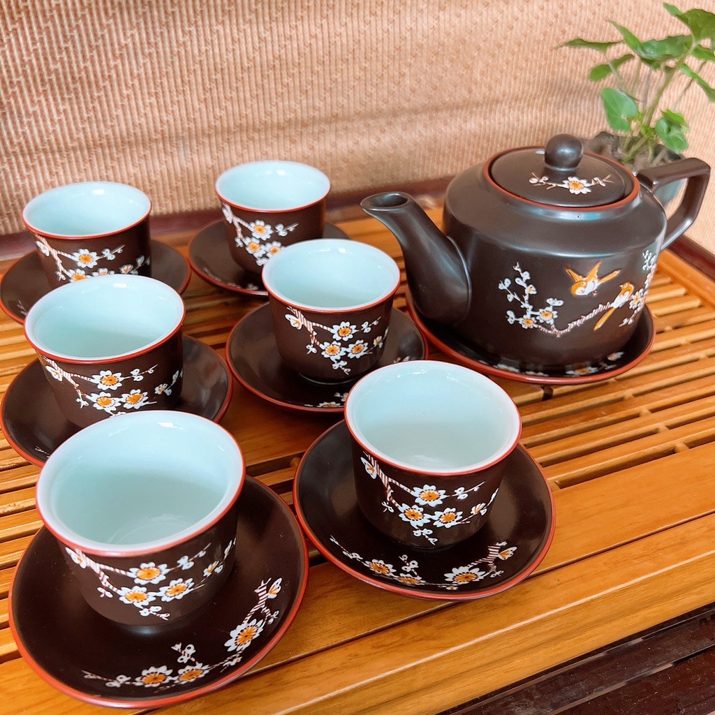 Bộ ấm chén uống trà ☕ Gốm Sứ Bát Tràng ⚱⚡️ Ấm chén, tách trà, ấm trà Vuông cao cấp tử sa AC-02.
