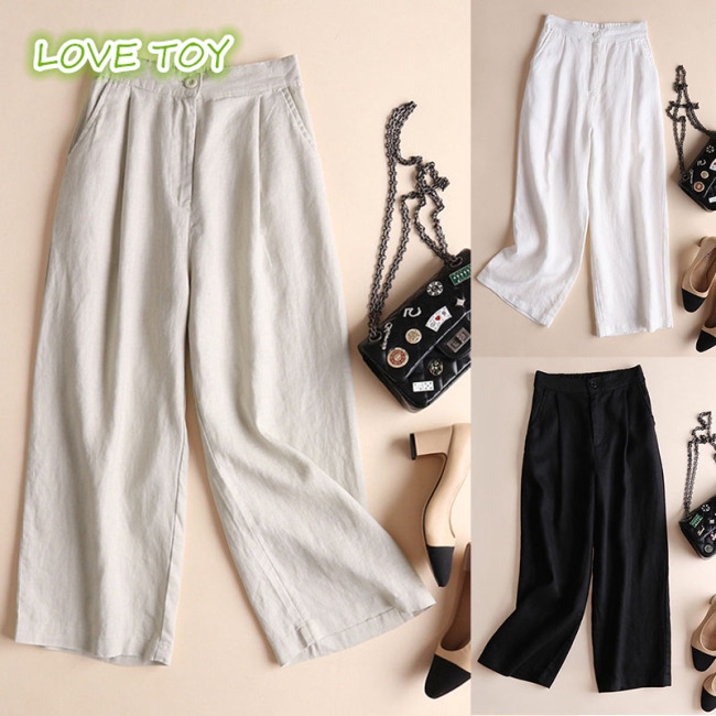 Women Fashion Cotton Linen Solid Color Thin Wide Leg Loose Ninth Pants | BigBuy360 - bigbuy360.vn