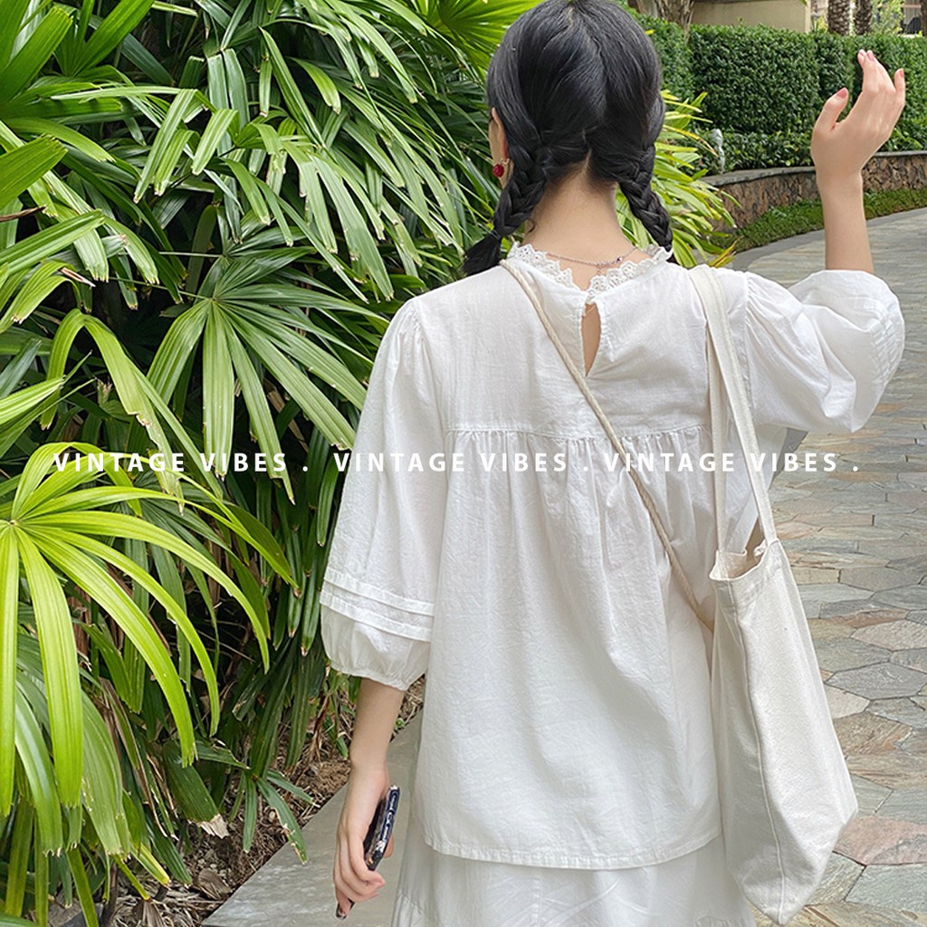 Áo babydoll xếp ly viền ren tay bồng Ulzzang (hàng QC) - Ảnh thật cận chất 1000%