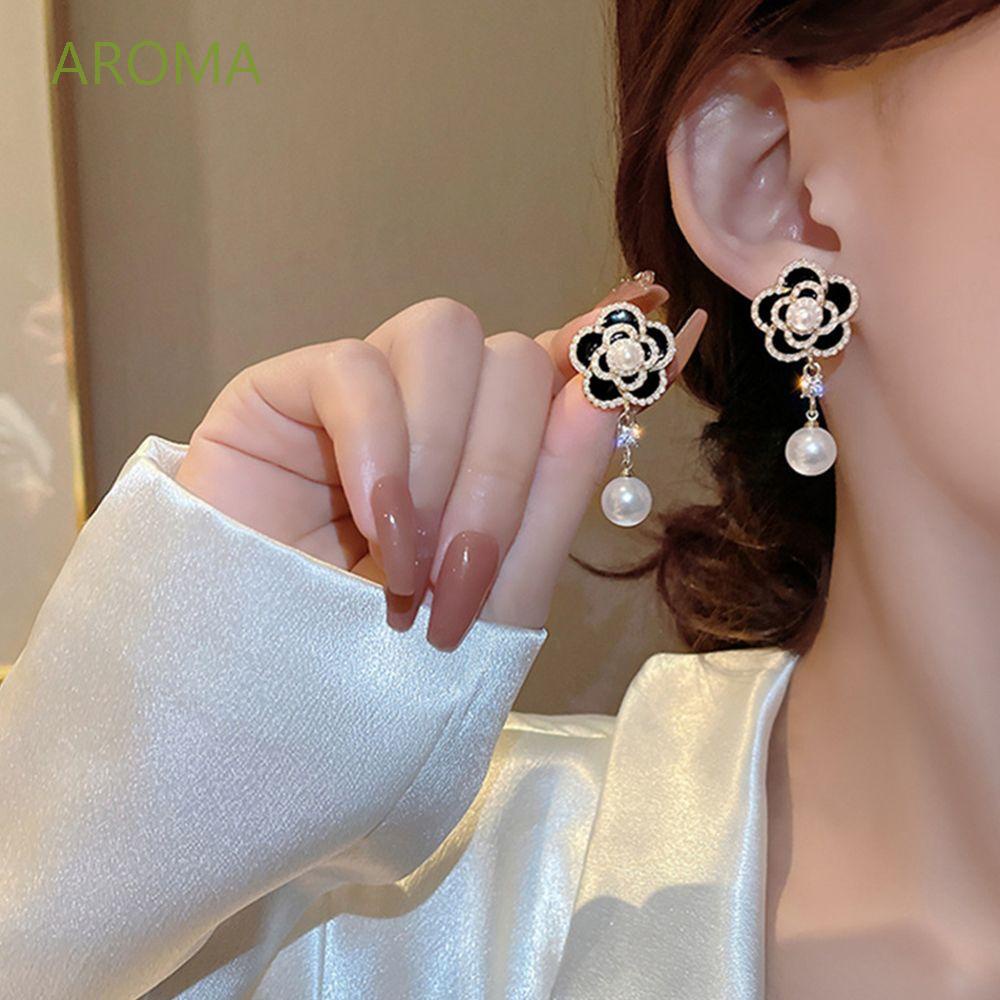 Khuyên tai hình hoa trà sang trọng bằng kim loại phong cách Hàn Quốc thời trang cho nữ