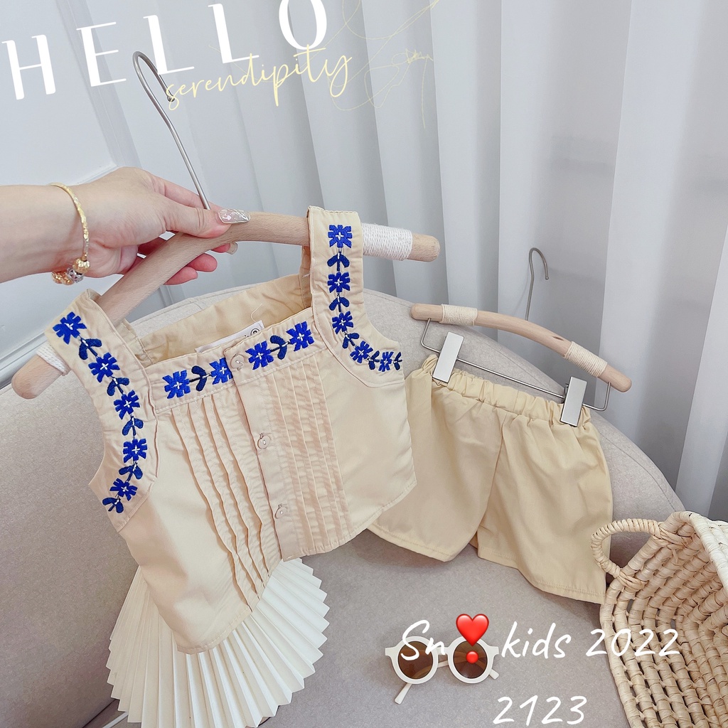 Set Đồ Hè 2 Dây Chất Thô Đũi Đẹp Thêu Hoa cho Bé Gái
