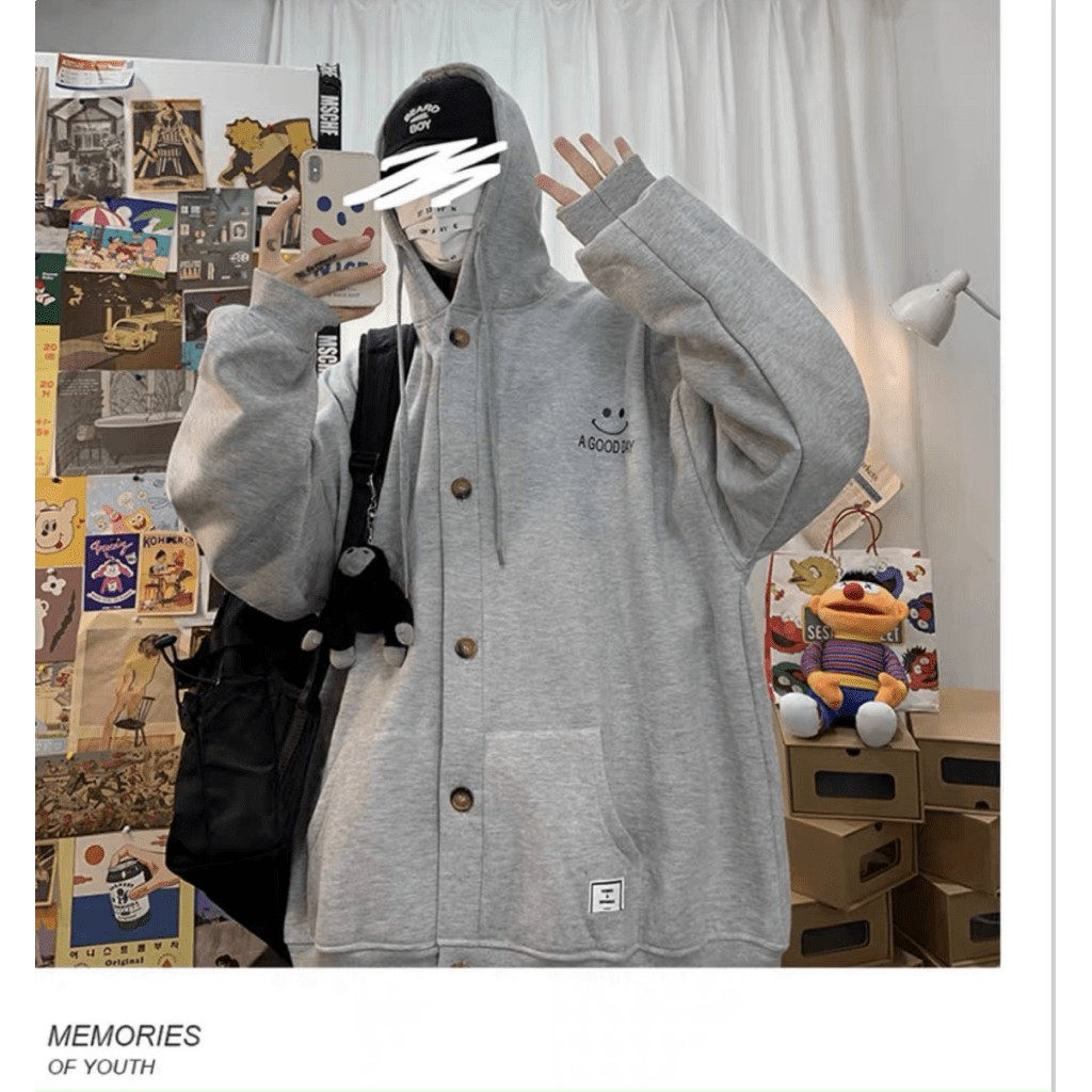 ÁO KHOÁC HOODIE NÚT GÀI MẶT CƯỜI FORM RỘNG CHO NAM CỰC HOT TU
