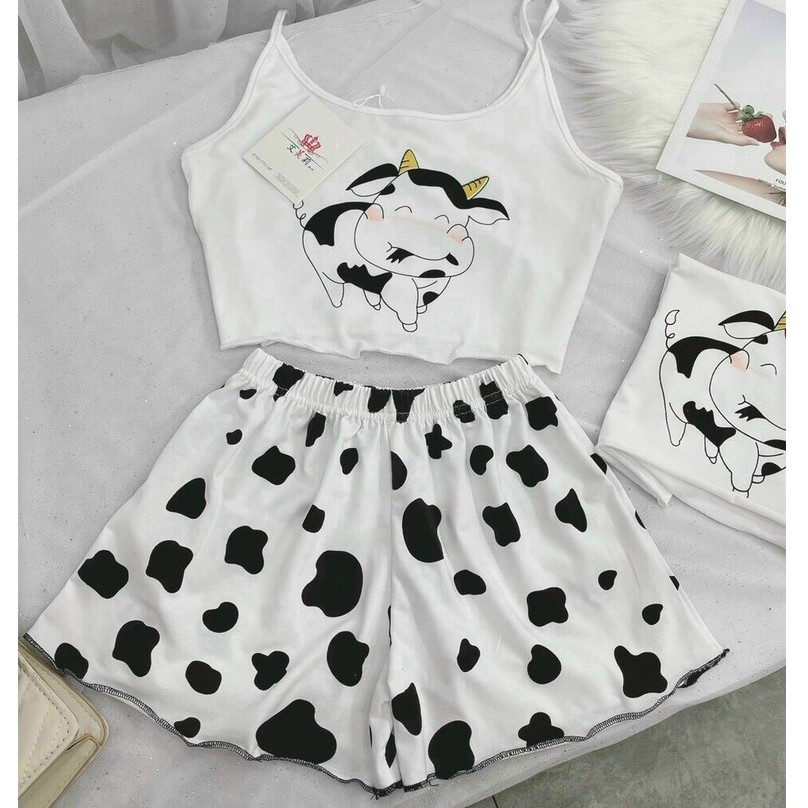 Set Bộ Đồ Nữ Bò Sữa Croptop Mặc Nhà - Bộ Đồ Ngủ Cute | BigBuy360 - bigbuy360.vn