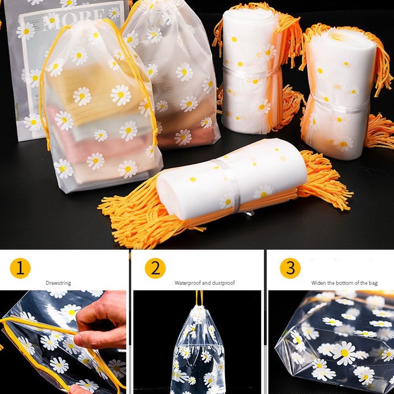 1 Túi Đựng Mỹ Phẩm Trong Suốt Chống Thấm Nước Có Dây Rút In Họa Tiết Hoa Cúc Xinh Xắn