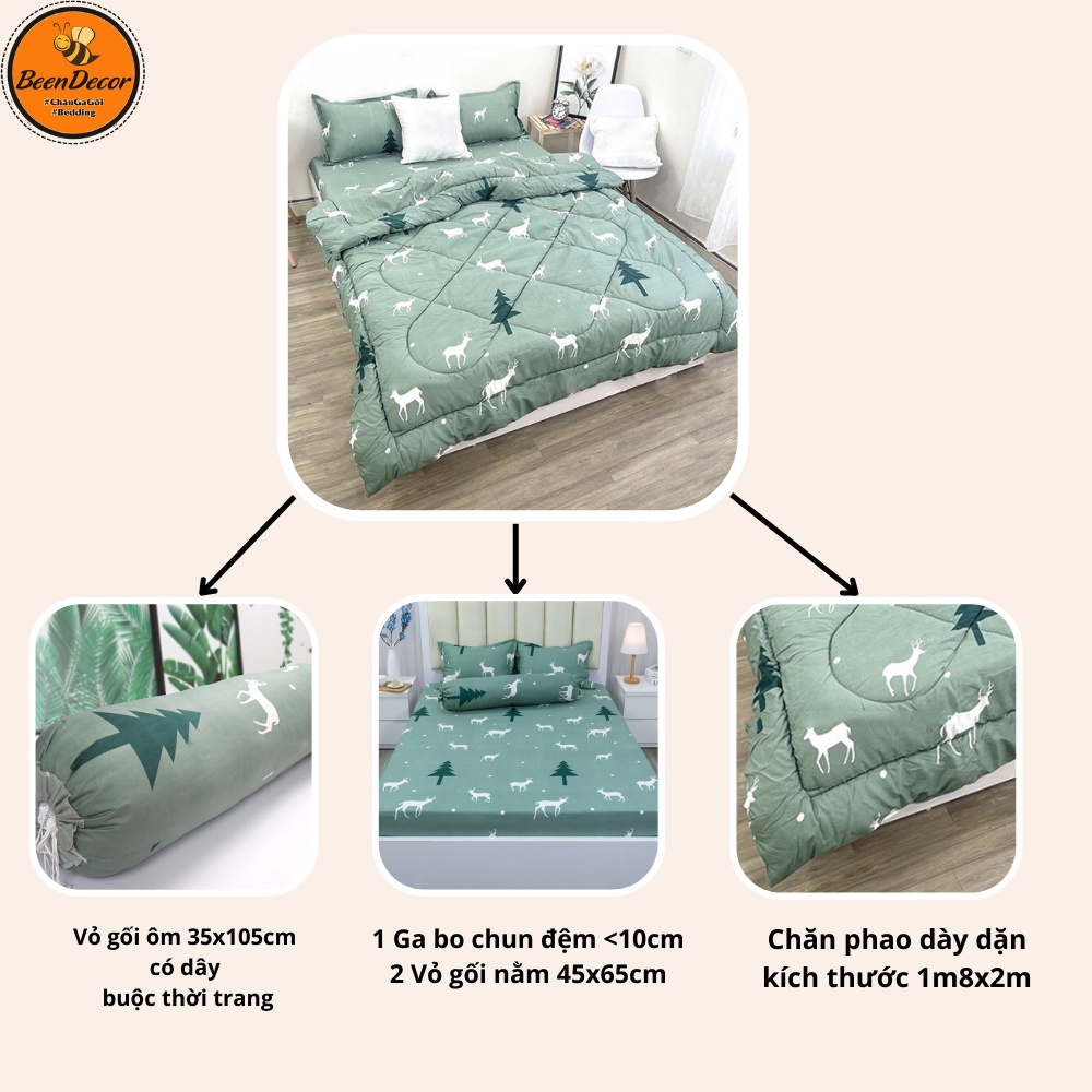 (Kịch Sàn) Combo CHĂN PHAO, MỀN PHAO, Chăn kèm ga gối Mẫu Tuần Lộc Xanh (Được lựa mẫu)